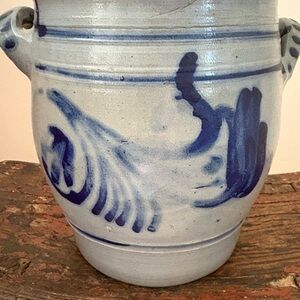 Vintage Blue confit pot/ French German Stoneware crock/ salt glaze 7”diameter